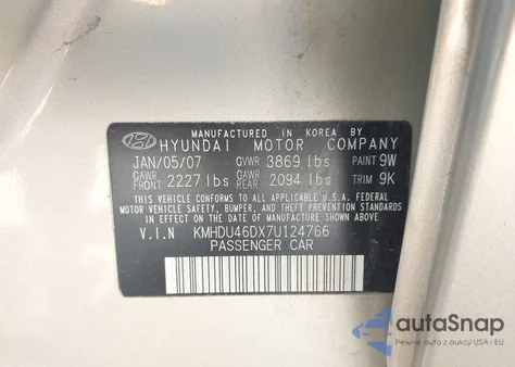 2007 Hyundai Elantra Gls/Limited/Se from USA, damaged, VIN KMHDU46DX7U124766
